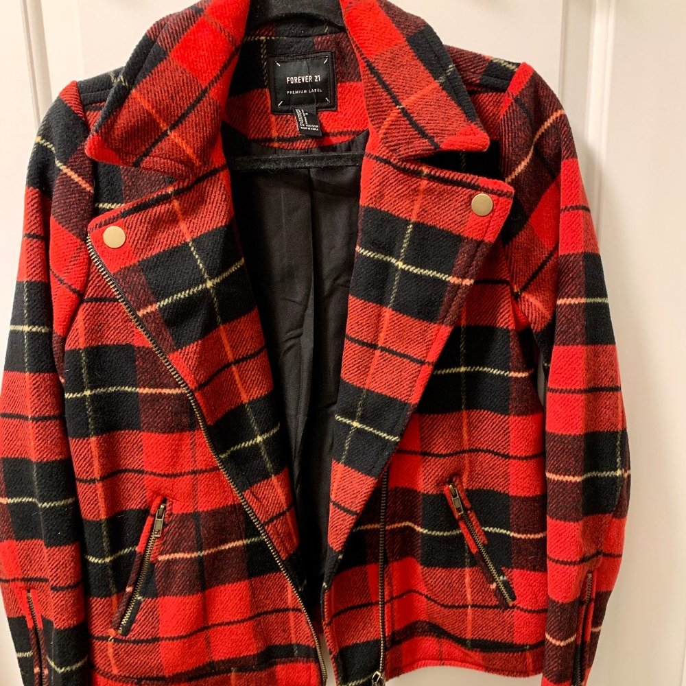 Red Plaid Wool Zipper Accent Women's Jacket